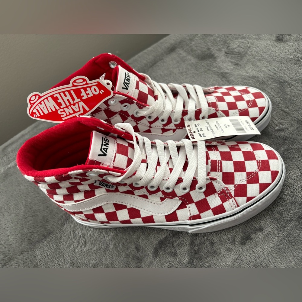 New red checkered high top vans